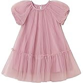 Rysly Toddler Girls' A-Line Tulle Party Dress with Bubble Sleeves Cotton Lining Flowy Layered Play Dress for Kids
