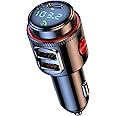Car Bluetooth Adapter, Wireless FM Transmitter, USB C&QC3.0 Dual Fast Charging, Cigarette Lighter Radio Music, Supports Hands-Free Siri Google Assistant & USB Drive, HiFi Bass Sound