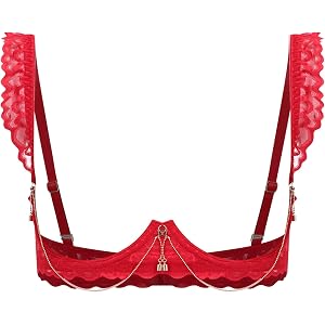 Jhaoyu Women Open Breast Cup Push Up Lace Balconette Exposed Nipple Split Bralette Elastic Cage Bra