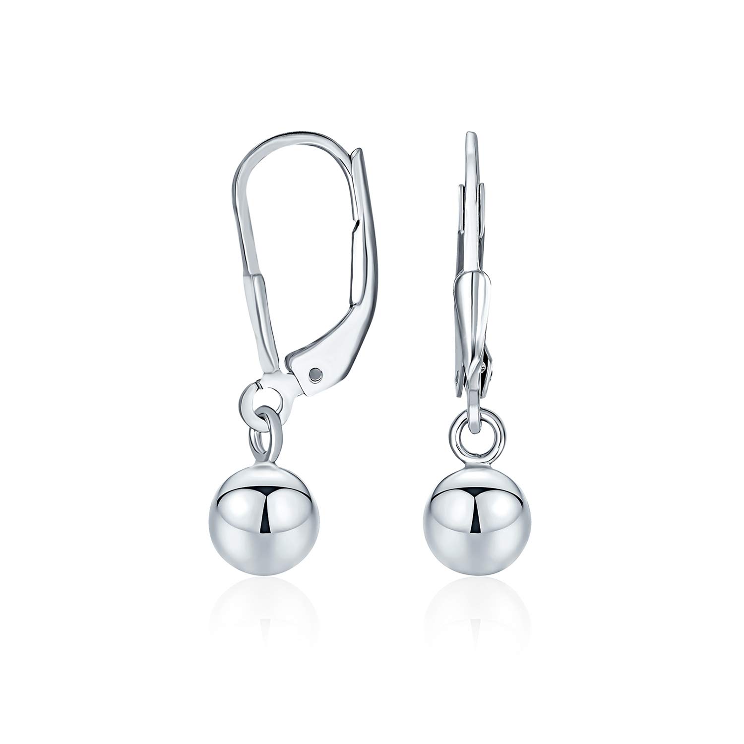 Simple Basic Dangling Lever back Round Bead Ball Drop Earrings For Women .925 Sterling Silver 6MM