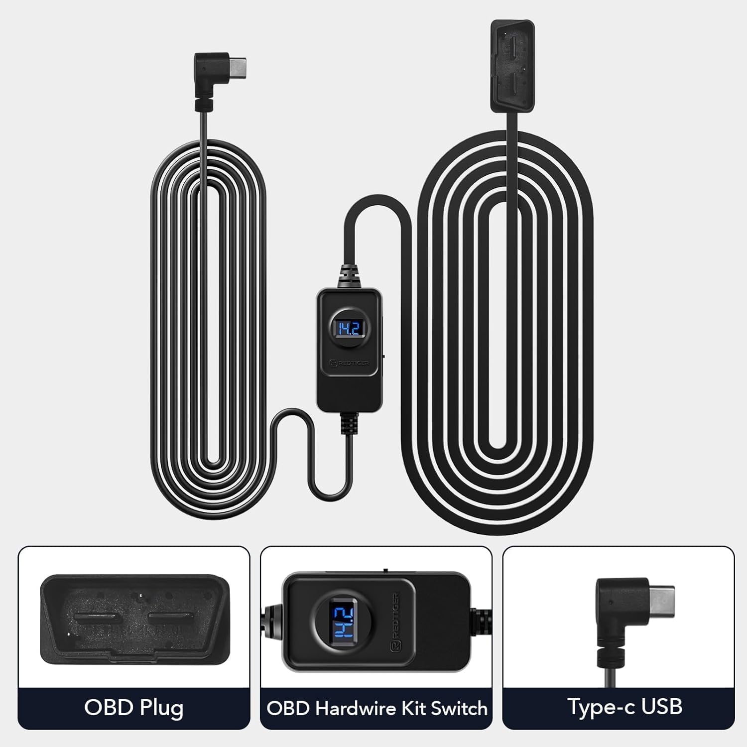 REDTIGER Dash Cam OBD Hardwire Kit Power Cable Type USB C Port,10FT 12V-24V to 5V,for Dash Camera, Low Voltage Protection