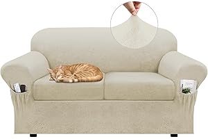 Pfrstuv Loveseat Slipcover with Armrest Pockets 3-Piece Set, Stretch Faux Leather Love Seat Covers for 2-Cushion Couches(Fits 58-66") - Non-Slip, Machine Washable, Pet & Kid Friendly - Beige