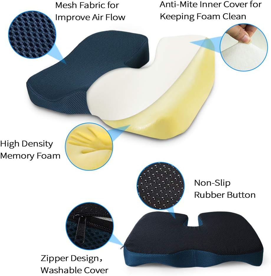 Seat Cushion for Office Chair, Mkicesky Memory Foam Coccyx Cushion Relieve Tailbone, Lower Back, Hip, Sciatica Pain, Ergonomic Seat Pad for Car, Wheelchair, Desk Chair and Sitting on Floor: Office Products