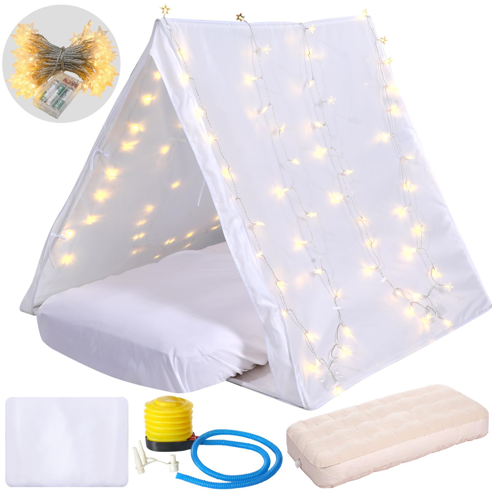 5 Pcs Sleepover Tent Set for Kids Includes Teepee Tent Inflatable Airbed (with Air Pump) 2 Fitted Sheets Star Lights String, Kids Travel Bed Inflatable for Girls Boys Indoor Outdoor