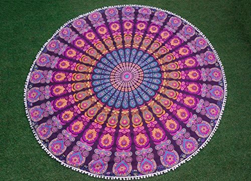 Round Mandala Indian Tapestry Peacock Pom Pom Magenta and Blue Bohemian Beach Blanket 72 inches