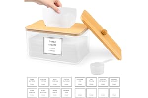Gocasmus Dryer Sheet Holder - Clear Dryer Sheets Container with Bamboo Lid, 16 Labels and Scoops for Laundry Room Organization and Storage Dryer Sheet, Balls, Clothespins, Pods