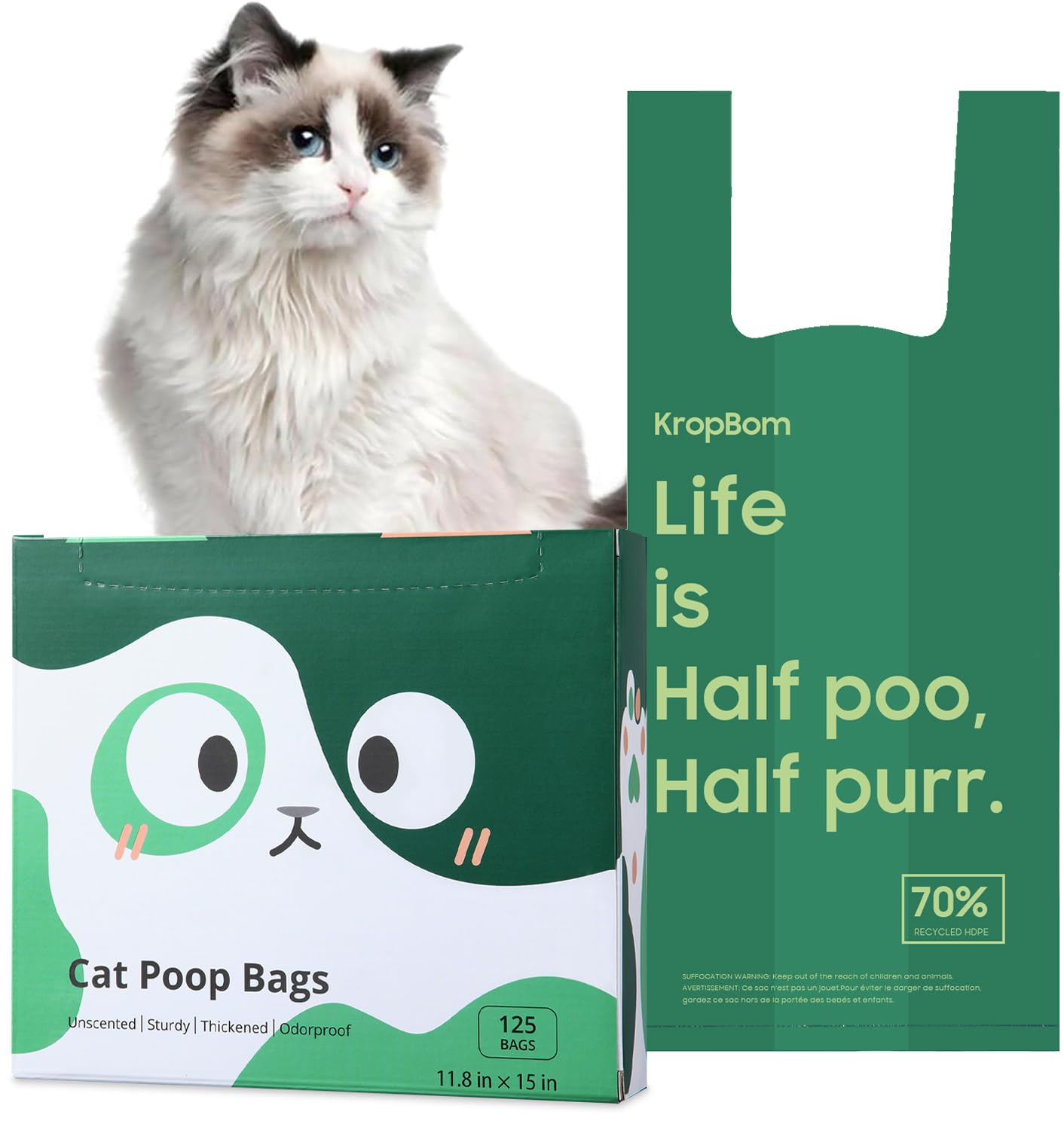 Photo 1 of 125 Count Cat Poop Bags with Handles, Disposable Litter Bags for Pet Poop, Extra-Thick Kitty Cat Waste Bags Easy Tie Leak-Proof Strengthen Unscented (Made of 70% Recycled Plastic)