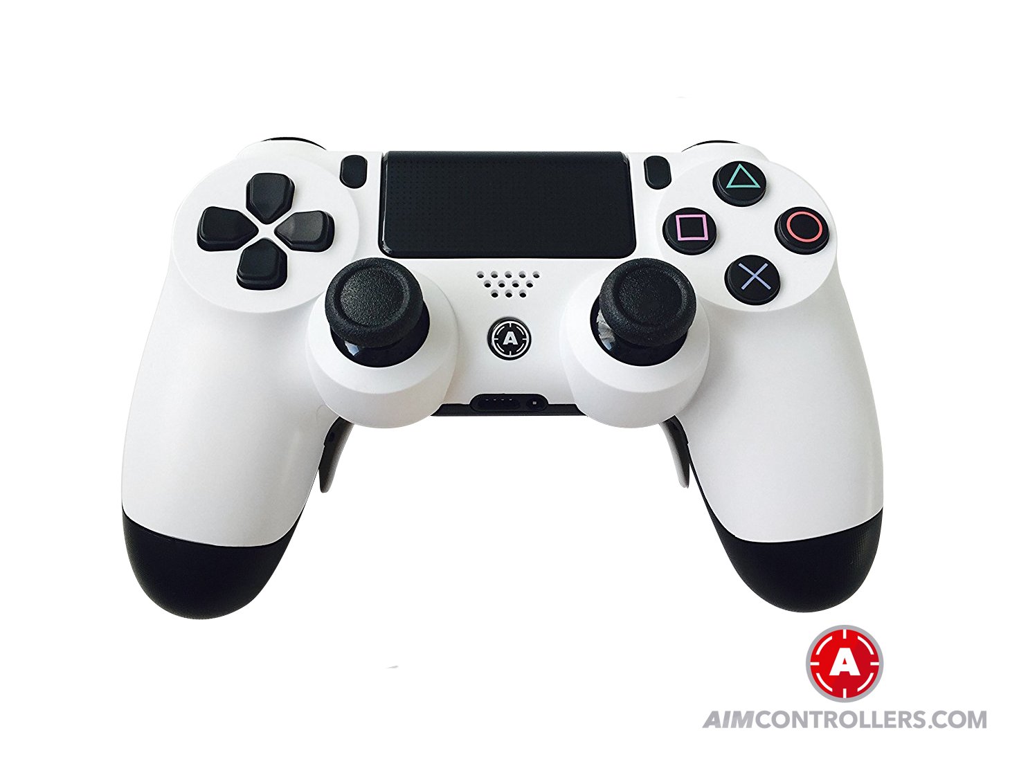 PS4 DualShock Custom Wireless Controller. AiMControllers White Design with 4 Paddles. Upper Left Square, Lower Left X, Upper Right Triangle, Lower Right O