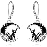 VONALA Moon Earrings Black Cat Earrings for Women 925 Sterling Silver Leverback Earrings Moon Cat Jewelry Birthday Gifts