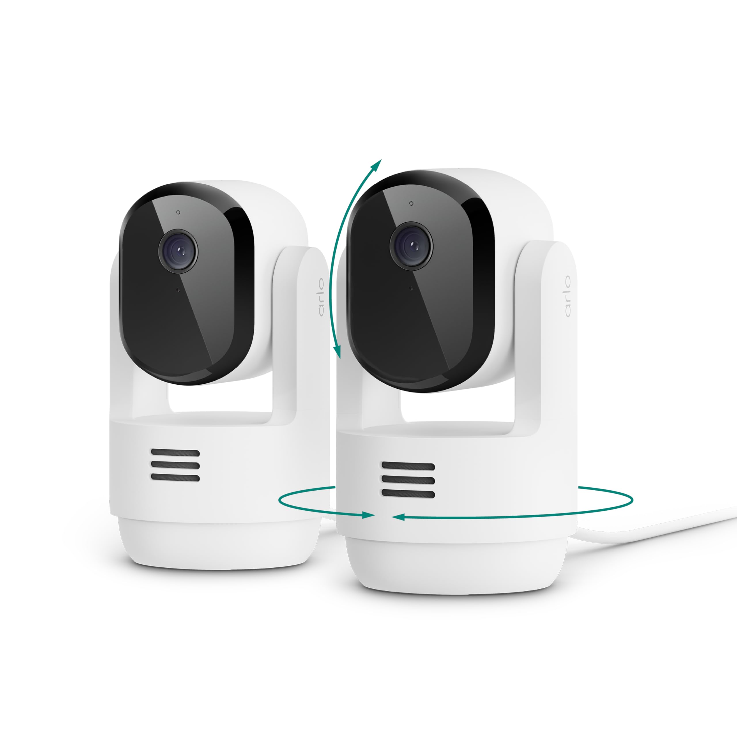 Arlo Essential Indoor Pan Tilt Security Camera 2K (2025 Release) – Wired Plug-in Power, Person Recognition, Animal Detection, Animated Preview, 1-Month Secure Plan, Auto Motion Tracking, 2 Cam, White