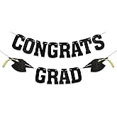 Pre-Strung Congrats Grad Banner - Black Glitter Graduation Party Decorations- Congratulations, Congrats Grad Class of 2024 Graduation Party Decorations (Black)
