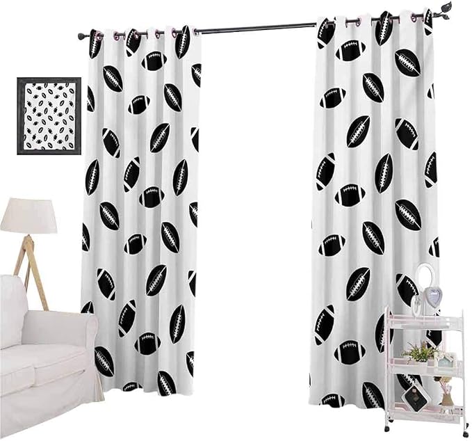 Blackout Curtain, Monochrome Pattern with Black Rugby Balls American