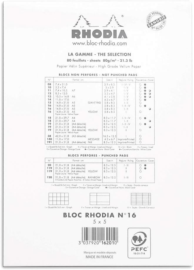 RHODIA 16201C, Stapled Notepad N°16 White, A5, Small Squares, 80 Detachable Sheets, 80G White Clairefontaine Paper, Soft - Image 4