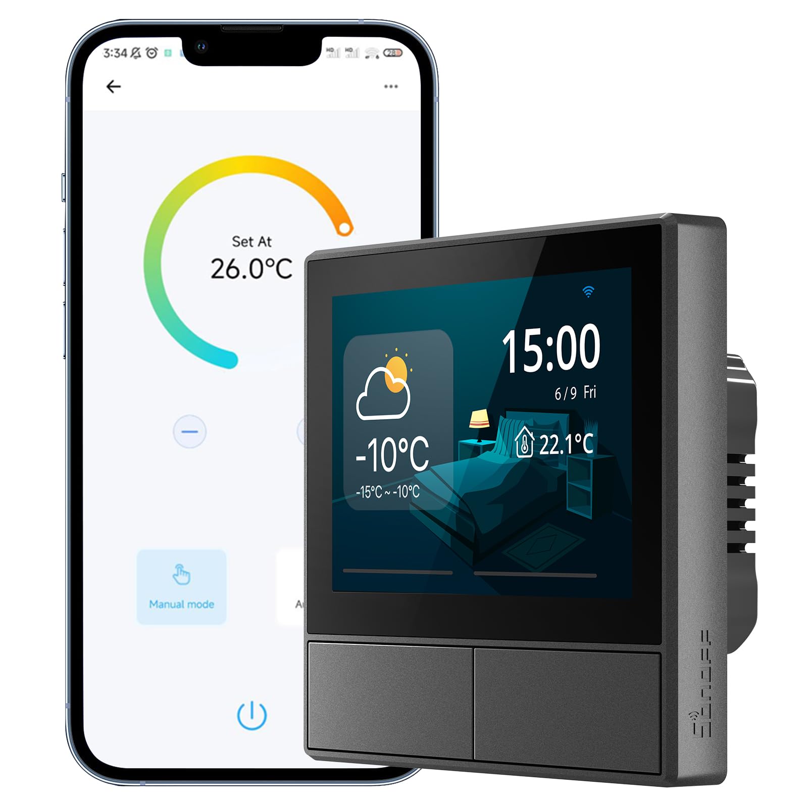 SONOFF NSPanel WiFi Smart Scene Wall Switch, 2 Gang Switch Smart Home Control Panel With Temperature Control Function, Smart Lights Control, Work With Alexa & Google Home, Require Live & Neutral Wire