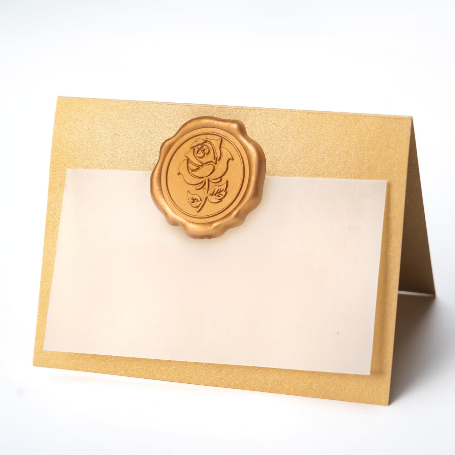 Photo 1 of Parvigo 25 Pack Name Cards for Table Setting, Place Cards with Antique Gold Rose Wax Seal Sticker for Wedding, Table Tent Card Stock Handmade Decor for Party, Dinner, Home(Pearlized Gold)