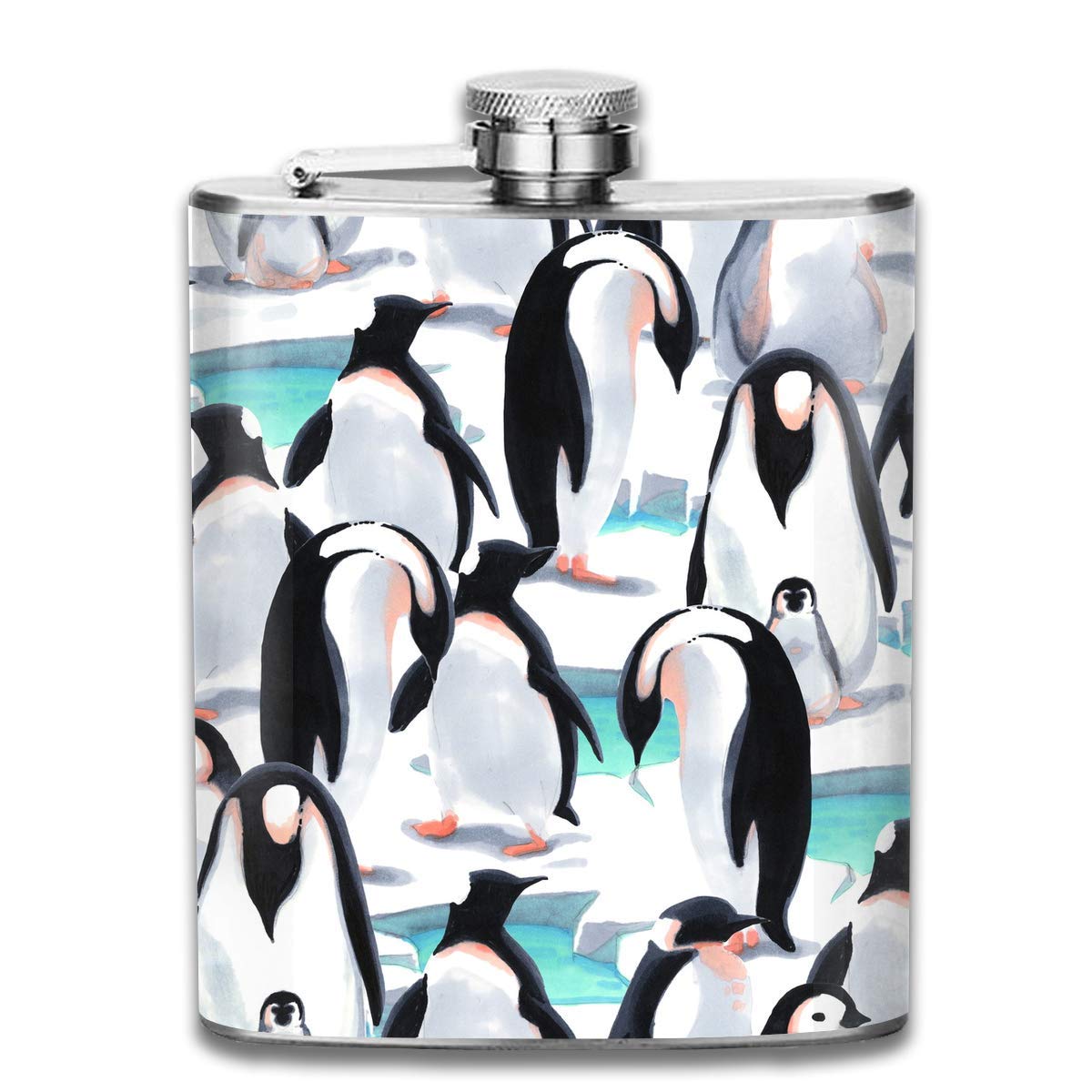 Bandada de ping&uuml;inos en el patr&oacute;n de nieve Premium 304 Acero inoxidable Frasco de la cadera Disparo matraz Gran regalo 7 oz Petacas