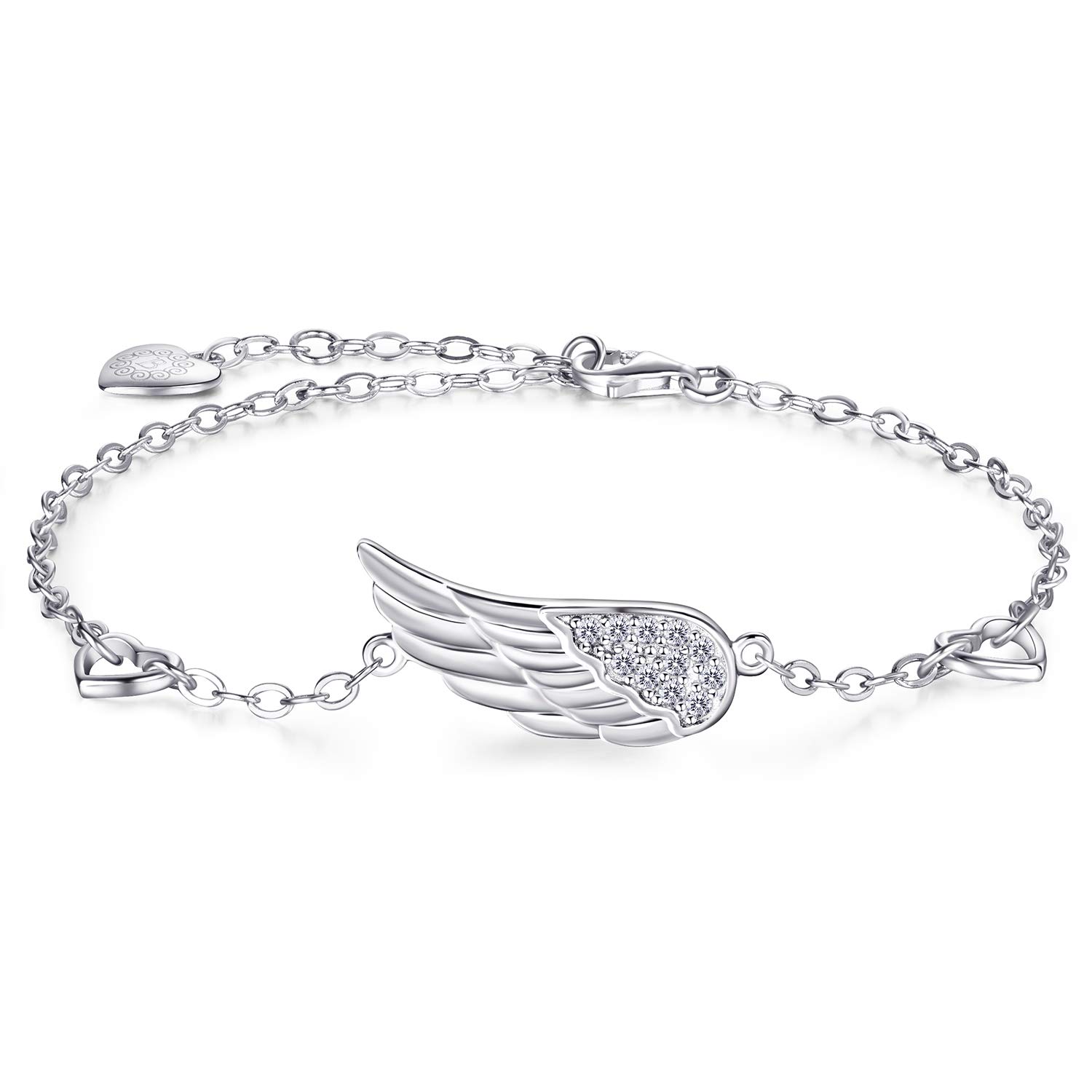 Billie Bijoux Women's 925 Sterling Silver White Gold Plated Adjustable Chain Bracelet Diamond Angel Wing