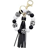 Silicone Beaded Bracelet Keychain Key Ring for Women, Key Chain with PU Tassel, Car Keyring Wristlet Bag Pendant