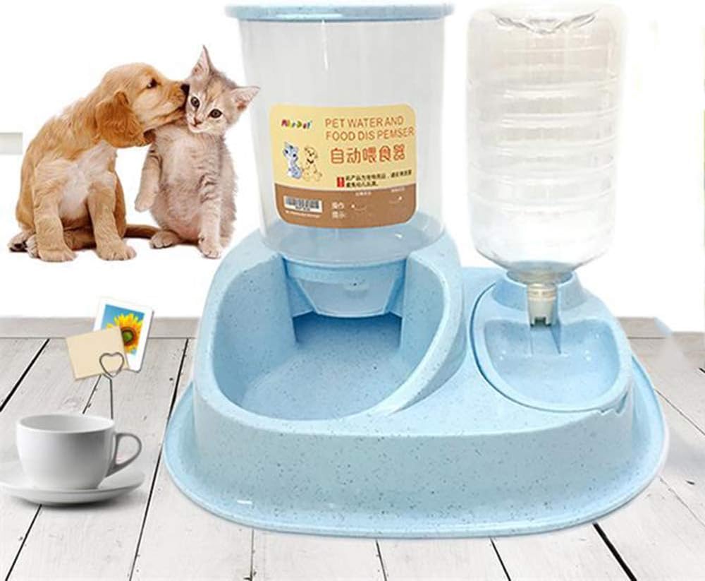 OLDF Gravity Cat Feeder and Waterer for Small Animals,Puppy Food Dispenser Cat Water Fountain Dispenser Automatic Pet Feeder for Cats and Dogs & Rabbit One-Piece,Blue