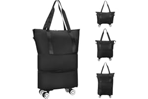 FUNARTY Expandable Foldable Travel Duffel Bag with Removable Wheels, Tote Bag with Folding Storage Space, Gym Bag, Shoulder Weekender Bag for Women Travel (Black)