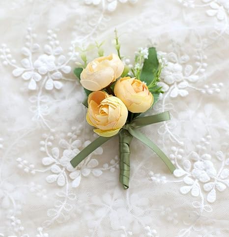 Amazon Co Jp シックな手作り 結婚式 ホームカミング プロム メンズ 新郎 ブートニエール ピンフラワー付き 結婚式 プロム 男性 スーツデコレーション 6個セット One Size イエロー ホーム キッチン