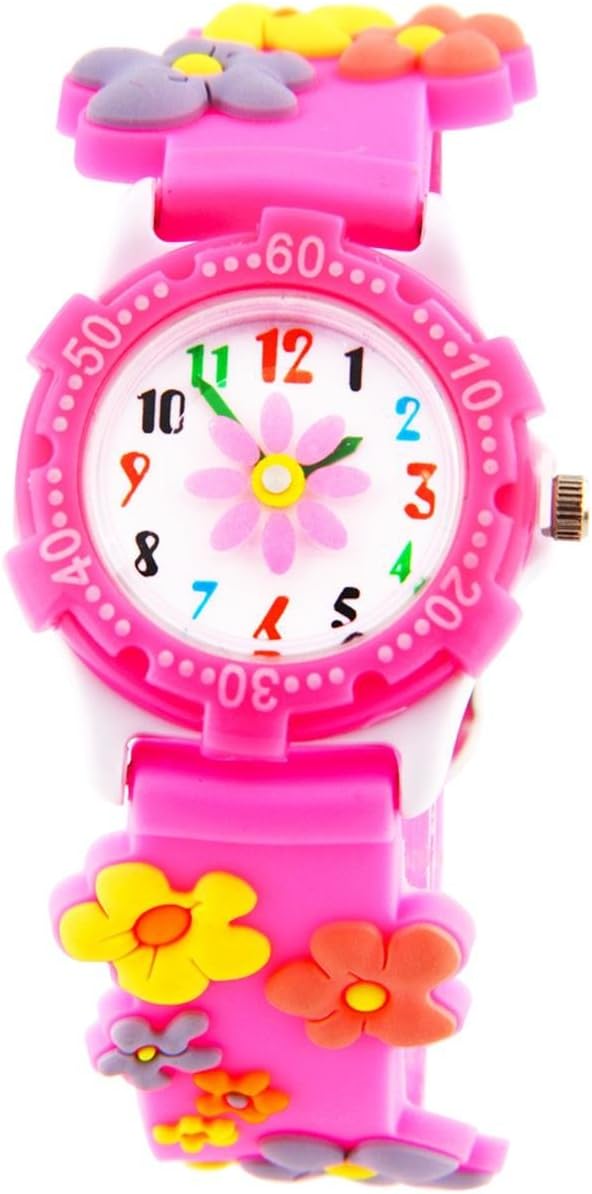 Jewtme Cute Toddler Children Kids Watches Ages 5-8 Analog Time Teacher 3D Silicone Band Cartoon Watch for Little Girls Boys (Flower Plastic Shell Pink)