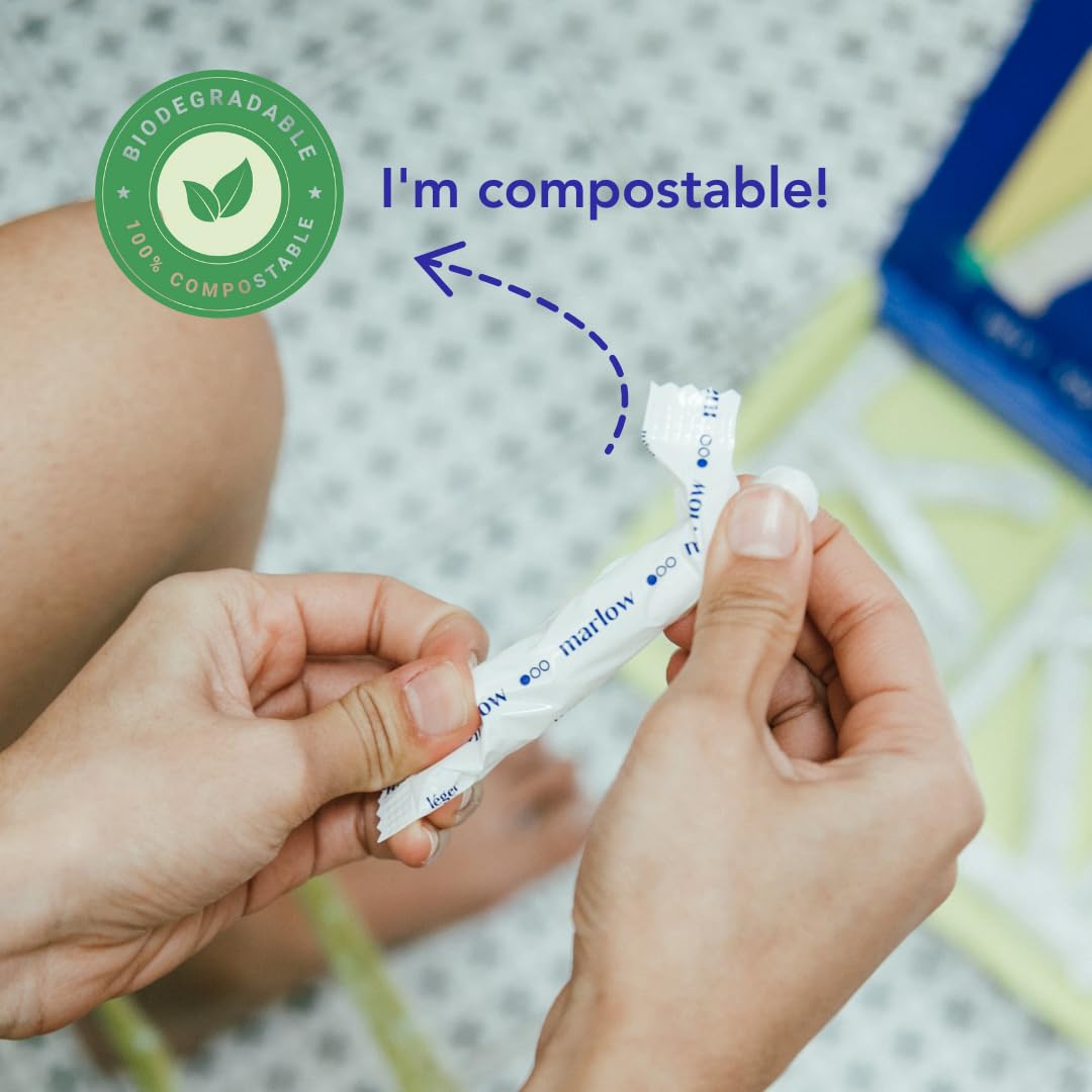 Marlow 100% Organic Cotton Easy Glide Tampons with Compact Plant Based BPA Free Applicator, Chlorine Free, Toxin Free, Hypoallergenic, Dermatologically Tested, Fragrance Free, Super, 18 Count