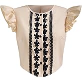 winkbay Women's Floral Embroidered Ruffle Cap Sleeve Crop Blouse Summer Button Down Crew Neck Shirts
