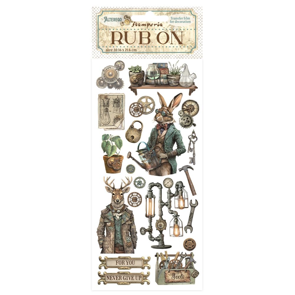 Stamperia - Rub-on for Scrapbooks, Albums, Cards, Bullet Journals and More, Easily Transfer Images onto Paper and Other Surfaces, Perfect for Crafts and Gifting (Alterego - Gears and Tools)