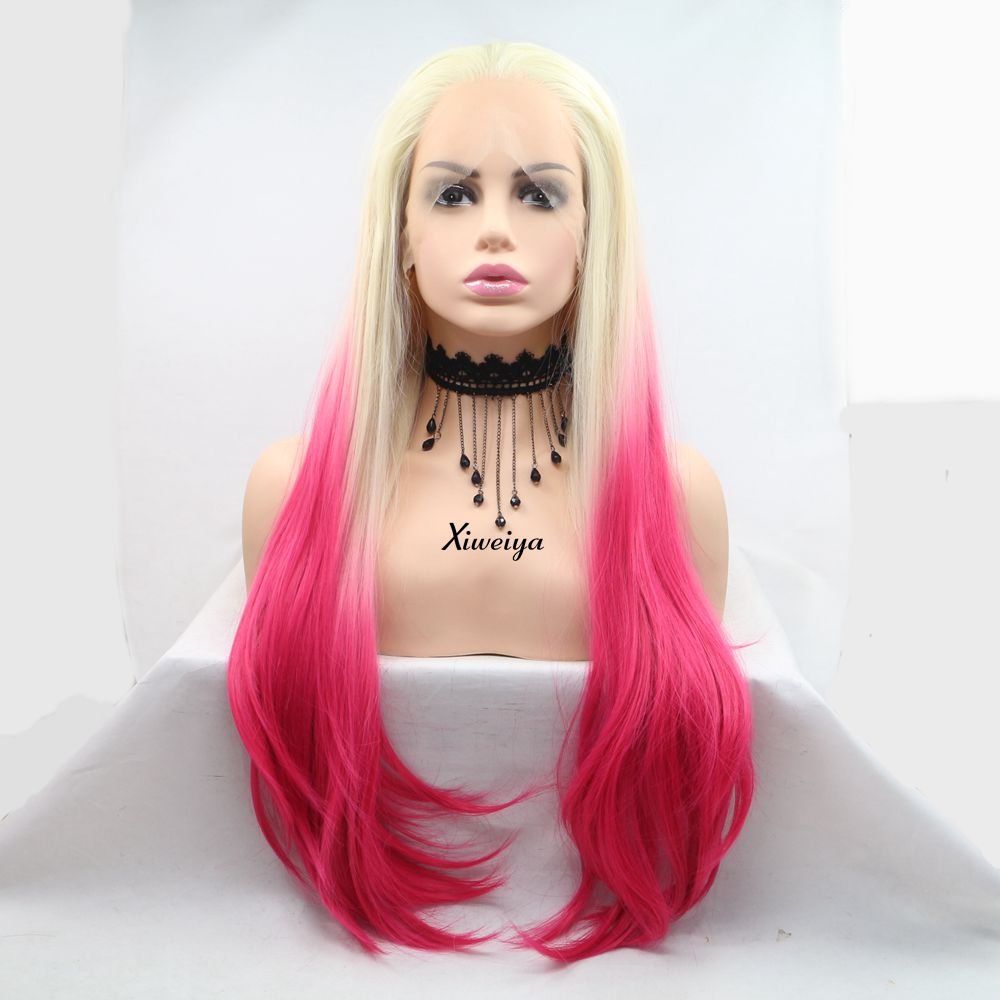 Xiweiya Ombre Blonde Wig Pink Platinum Blonde Synthetic Lace Front Wig Long Natural Hairline Straight Wigs Glueless Heat Resistant Fiber Hair 180% Density WigFor Women — image 1