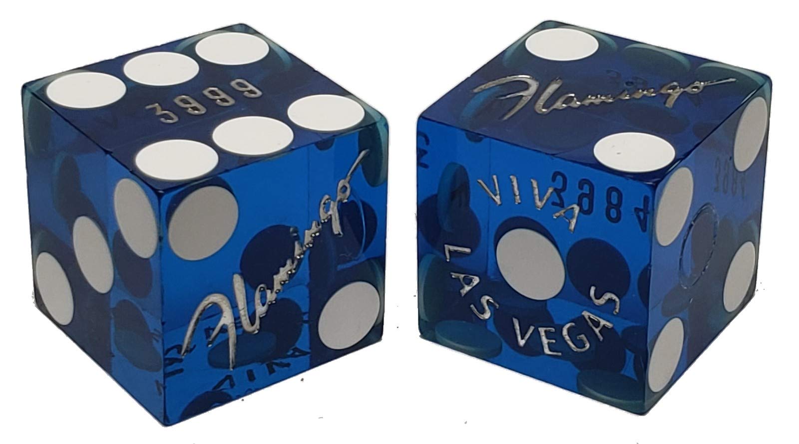 19mm Craps Dice Pair Matching Serial Numbers - Authentic Las Vegas Casino Table-Played Dice (Flamingo (Blue Polished)) — image 1