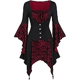 FEOYA Gothic Dresses for Women Medieval Renaissance Costumes Plus Size Halloween Vampire Witch Dress Fairy Steampunk Clothes