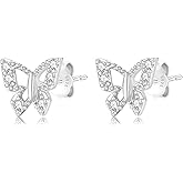 STAYLOVE Small Butterfly Stud Earrings for Women 925 Sterling Silver Post 14K Gold Plated Tiny Cubic Zirconia Cartilage Butterfly Earrings