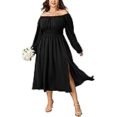 Plus Size Maxi Fall Wedding Guest Dress for Curvy Women Long Sleeve Smocked Formal Cocktail Party Dresses Slit