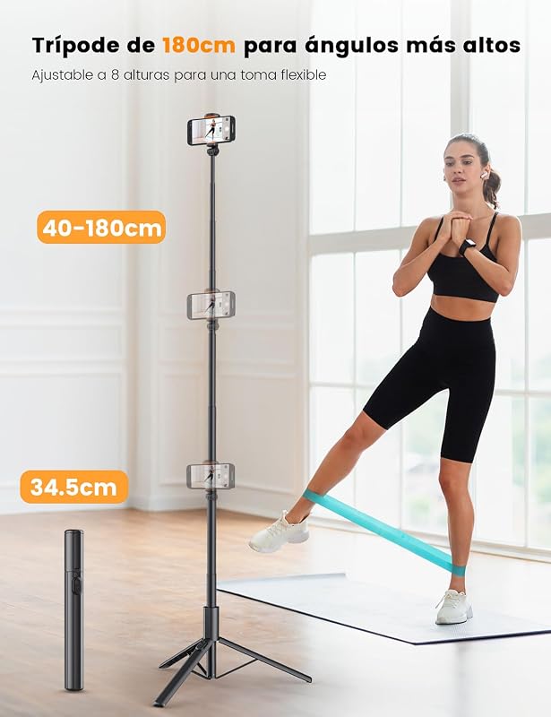 Tripé Selfie Stick de 180cm, monopé móvel NT79 com comando remoto para telemóvel e câmara, compatível com iPhone/Samsung/Gopro/Câmara (preto) — foto 2 de 8