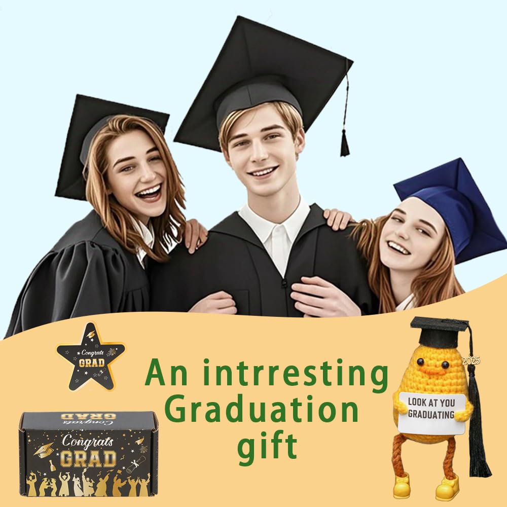 Ranvaira Funny Graduation Gifts Class of 2025, Positive Crochet Duck with Cap and Greeting Card, Handmade Emotional Support Plush College Graduation Gifts Set for Her Him