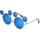 Trippy Lights Mouse Ear Sunglasses Blue Lenses Silver Frames, Polarized UV 400 Protection, Teen and Adult