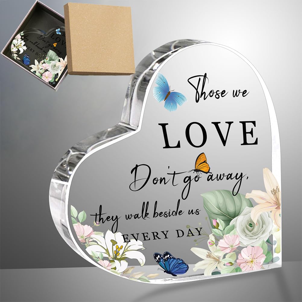 ORIGACH Sympathy Gift Crystal Acrylic Heart Memorial Gift Mourning Table Decorations Sympathy Gift for Loss of Loved Ones (Flower and Butterfly, 10 x 10 cm)