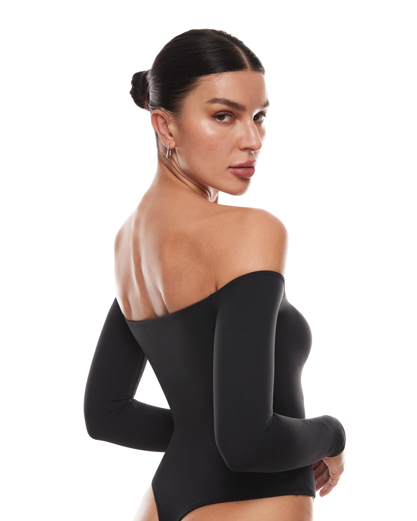 INLYRIC Women's Natrelax Off The Shoulder Bodysuit Long Sleeve Thong Sexy Bodycon Slim Fit Tops Leotard Black Small