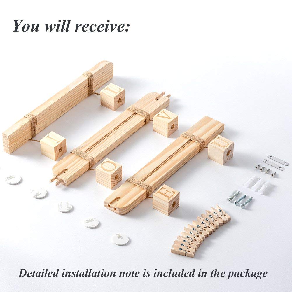 Uping Hanging Photo Display Wood Wall Photo Display Board with Rope and 30 Small Memo Clips | 66 cm x 74 cm | Design Photo Frame