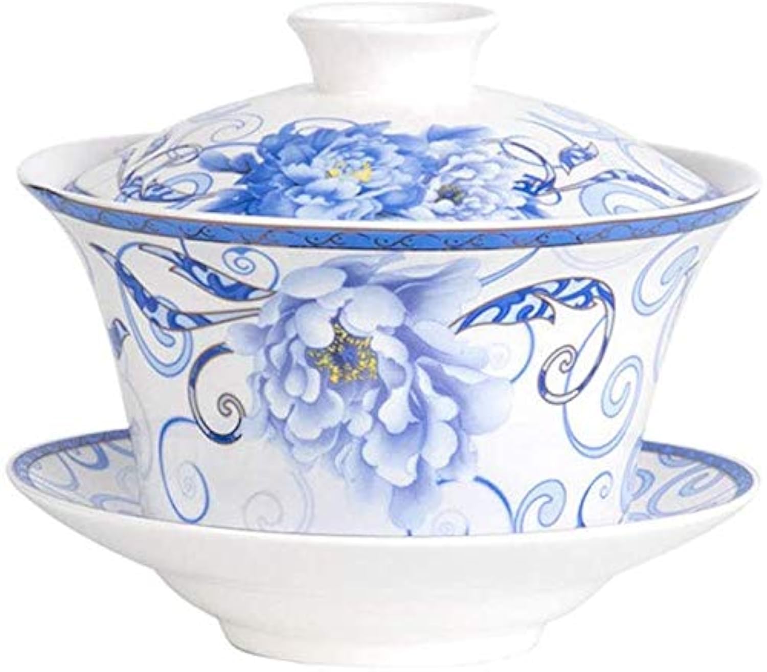 Eplze YBK Tech 10oz Large Gaiwan, Porcelain Kung Fu Tea Cup and Saucer with Lid, Chinese Traditional Gaiwan, Sancai Tea Bowl (6#)