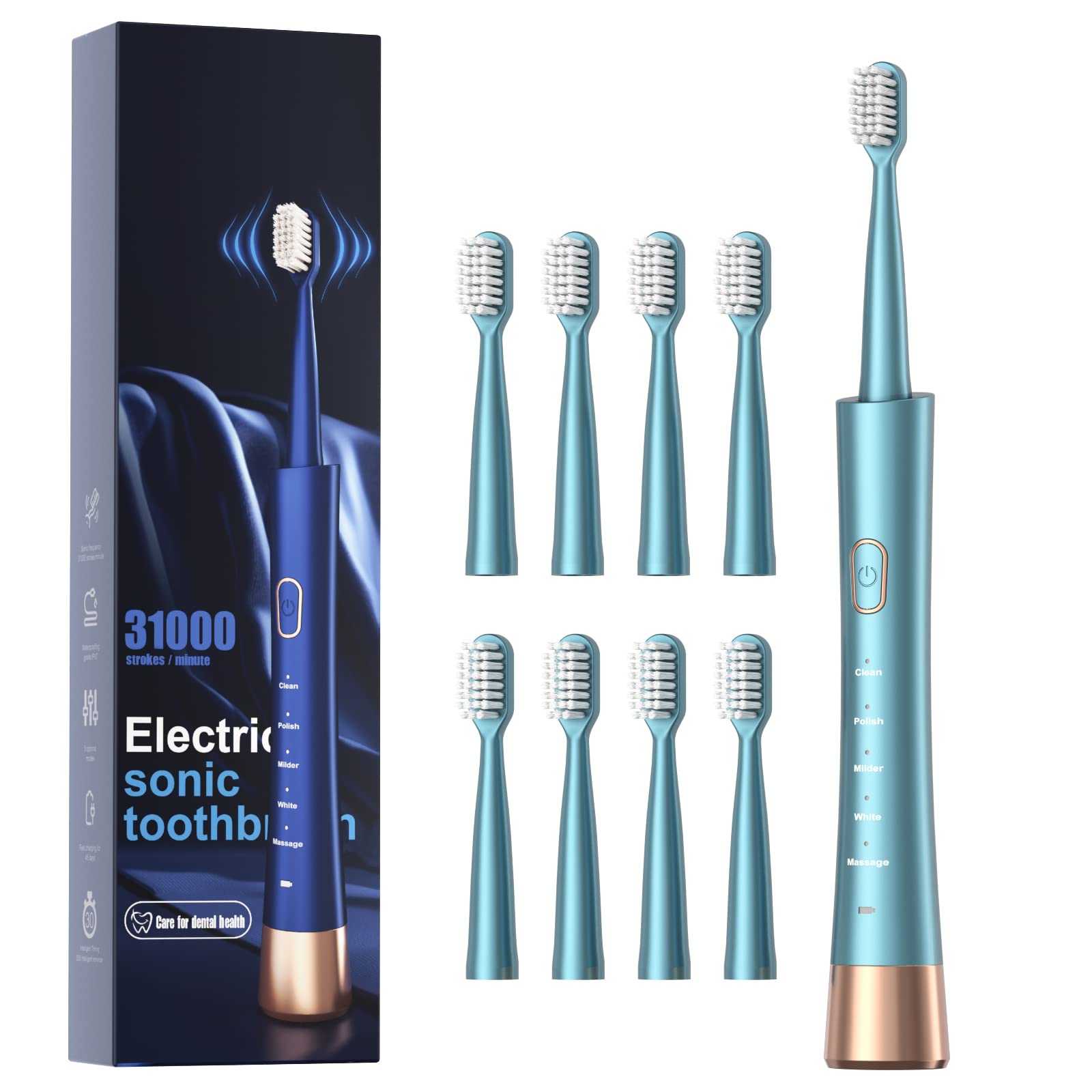Photo 1 of AJELU USB Rechargeable Sonic Electric Toothbrush for Adults, Powered Motor High Vibration Teeth & Gum Care, Soft Dupont Brush Heads, 2 Minutes Timer 5 Modes, Green