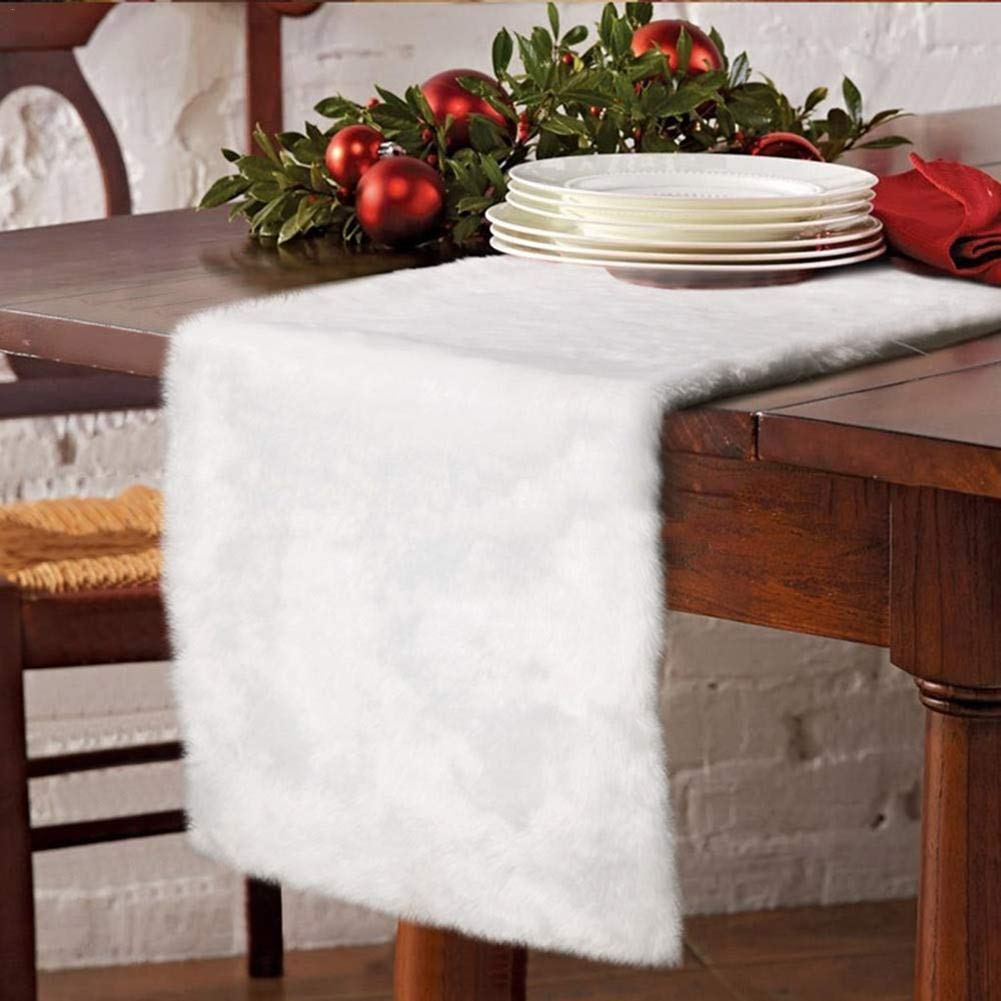 Christmas Table Runner Snowy White Faux Table Runner Table Linens Plush Table Cloth for Home Holiday Christmas Decorations - 14x70 Inch