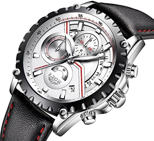 Mens Watches Men Luxury Chronograph Waterproof Sport Date Calendar Analogue Quartz Wrist Watch Gents Multifunction Fashion Casual Business Dress Watches Black Genuine Leather Strap (white)