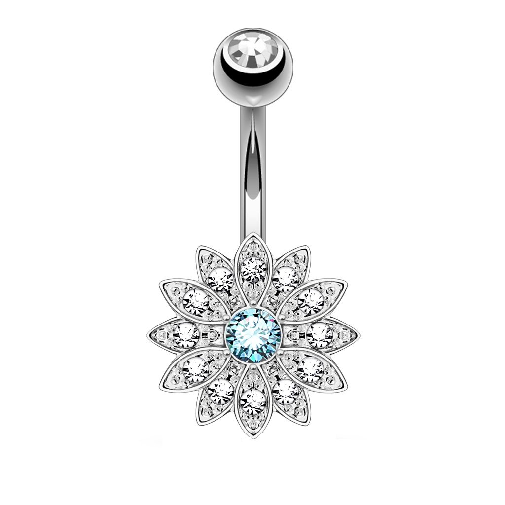 PiercedOff 316L Surgical Steel Externally Threaded Aqua CZ Flower and Centre Belly Bar - Thickness 14GA (1.6mm) / Length 10mm / Ball 5mm / Flower 13.5