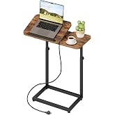 HOOBRO Side Table with Power Hub, Adjustable Height &amp; Angle Couch Table | C Shaped End Table, TV Tray Table, Small Laptop Desk for Couch, Sofa, Bed, Living Room, Home Office, Rustic Brown