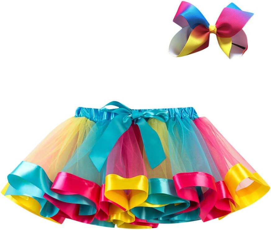 Lazzboy Girls Tutu Tulle Rainbow Ballet Skirt Princess for 3-10 Years Dress-up Costume Party with Bow Hair Clip Set