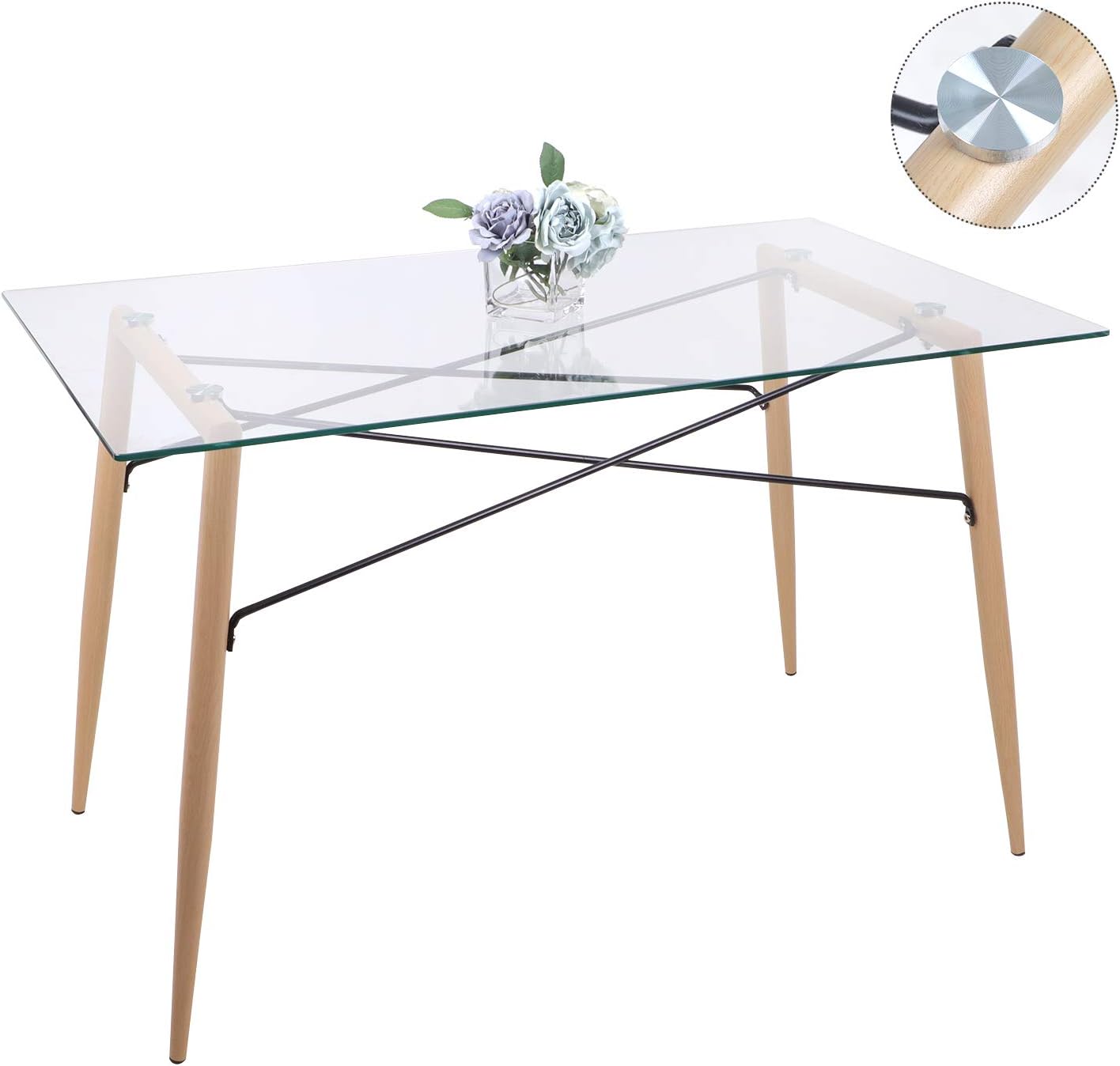 Joolihome Dining Table, Clear Glass Rectangular Table Top with 4 Wood Grain Skin Metal Table Legs, 120 * 70 cm Writing Working Desk for Home Office