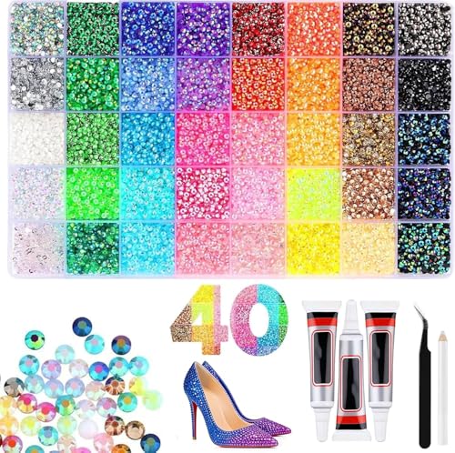 Resin Jelly Rhinestones Kit for Bedazzling - 32,000pcs 3mm DIY Bulk Resin Gems Set with 3 Glues, Pickup Pen & Tweezers for Crafting, Nail Art, Tumblers, Shoes and Clothing Embellishments (40)