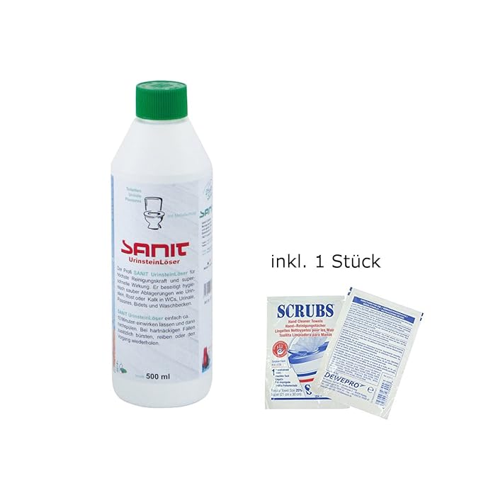 SANIT - UrinsteinLöser - 500ml-Flasche (3031) - der kräftige Urinsteinentferner - im Set inkl. 1 St. DEWEPRO® Single Scrubs